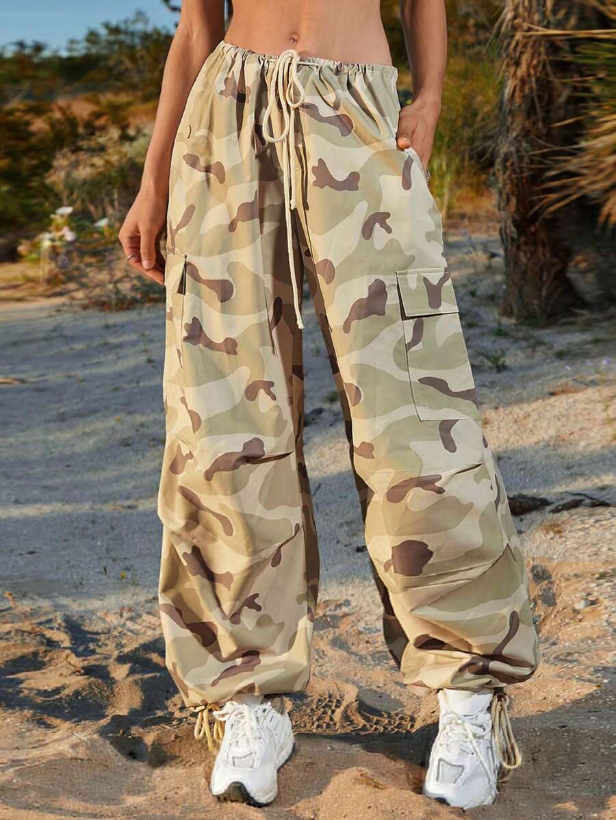 SHEIN EZwear Women Low Waist Camouflage Parachute Pants - Green - View 1