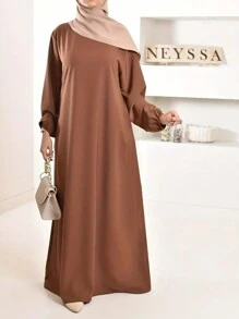 女式连帽撞色阿拉伯传统朴素长袖阿巴亚连衣裙 - 棕色 - 查看 1