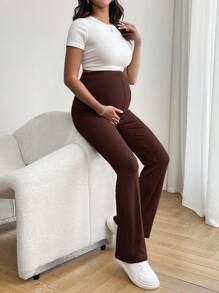 SHEIN Quần dài dành cho bà bầu nữ màu trơn lưng cao ống loe dài - Màu nâu  Mocha - Xem 3