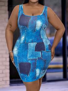 Maweii Plus Size Nữ Mùa Hè Chắp Vá In Áo Dệt Kim Thường Ngày - Màu xanh lam - Xem 5