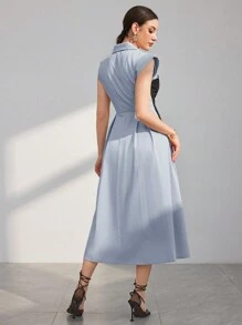 Modelyn 女士优雅拼色修腰连衣裙，适合夏季长款晚礼服 - 藍色 - 查看 2