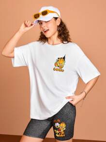 GARFIELD X SHEIN Women Casual Cartoon And Letter Printed Graphic Oversized Drop Shoulder White Summer T-Shirt With CHOMP SLURP GOBBLE NARFGULP Pattern, Unisex