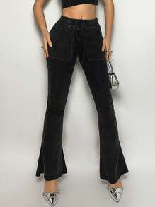 SHEIN ICON Y2k Summer Spring Outfits Summer Outfit Music Festival Festival Outfits Low Rise Distressed Flared Jeans With Wide Leg Cut And Deep Pockets - Black - View 1