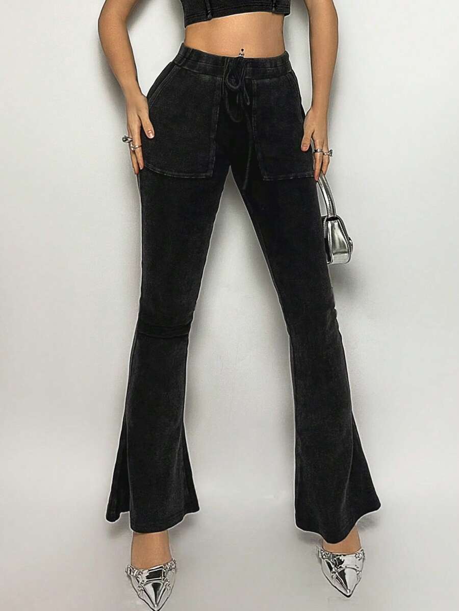 SHEIN ICON Y2k Summer Spring Outfits Summer Outfit Music Festival Festival Outfits Low Rise Distressed Flared Jeans With Wide Leg Cut And Deep Pockets - Black - View 1