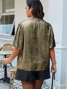 SHEIN Unity 大码女式夏季纯色系带短款泡泡袖优雅衬衫，带有金属质感，适合新年假期聚会服装