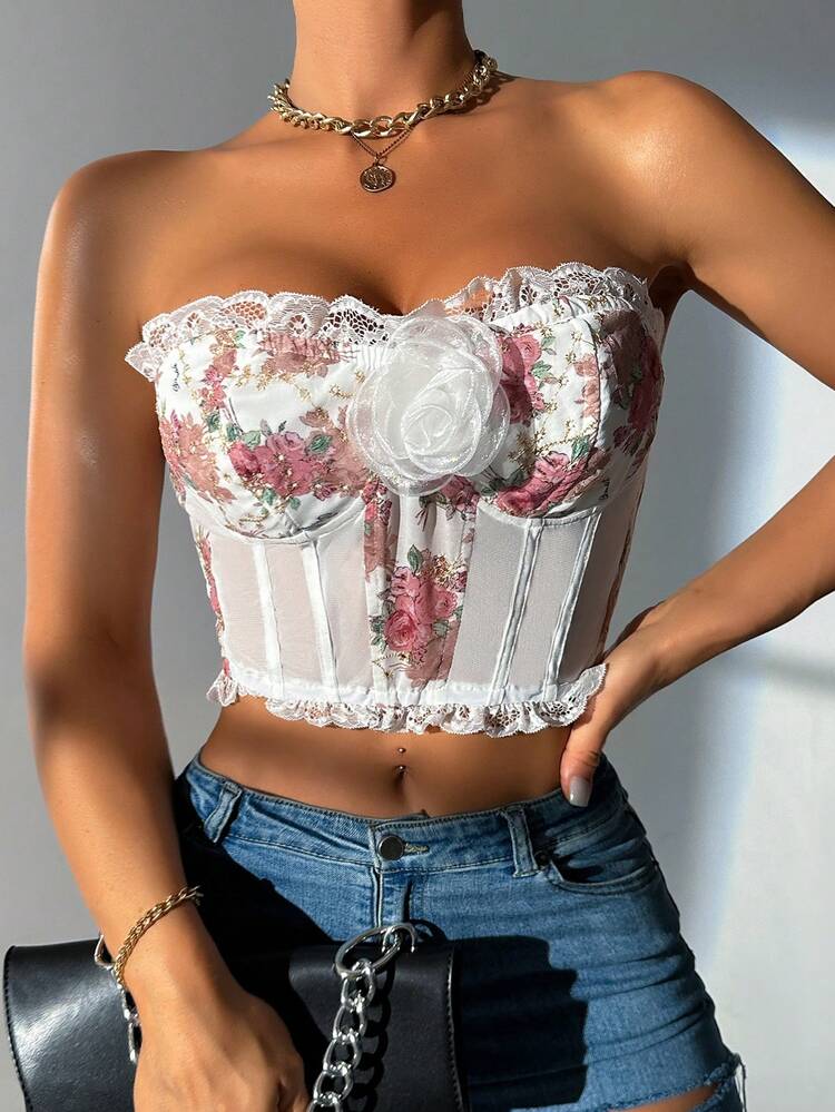 Ladies' Lace Patchwork Strapless Top With 3D Floral Embellishments