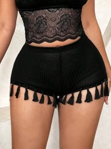 High Waist Fringe Casual Shorts For Spring/Summer Vacation - Black - View 4
