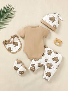 SHEIN Neugeborener Baby Jungen 5 Stücke/Set für den Sommer, niedliches Elefant bedrucktes kurzes Bodysuit und Hose & Hut & Lätzchen & Handschuhe