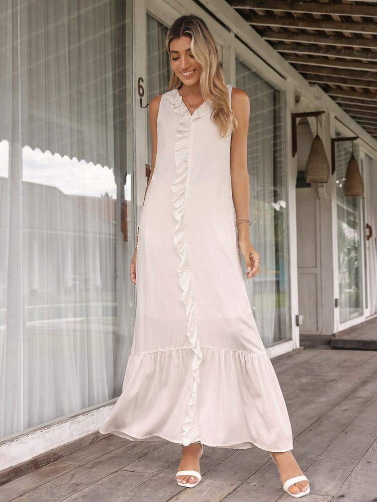 Summer Beach Street Style Casual Vacation Linen Long White Dress With Ruffled Trim For Women