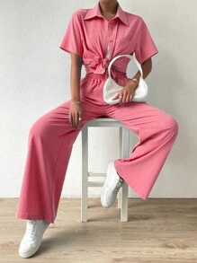 Chiquease Ladies' Summer Solid Color Drop-Shoulder Short Sleeve Casual Shirt And Loose Pants 2pcs Set - Watermelon Pink - View 6