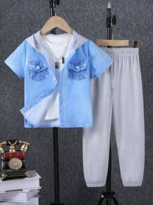 SHEIN Young Boy 2 Pcs Set Outfit Fashionable Short Sleeve Hooded Shirt And Comfortable Breathable Casual Pants Suitable For Vacation And Travel In Summer - Light Wash - View 1