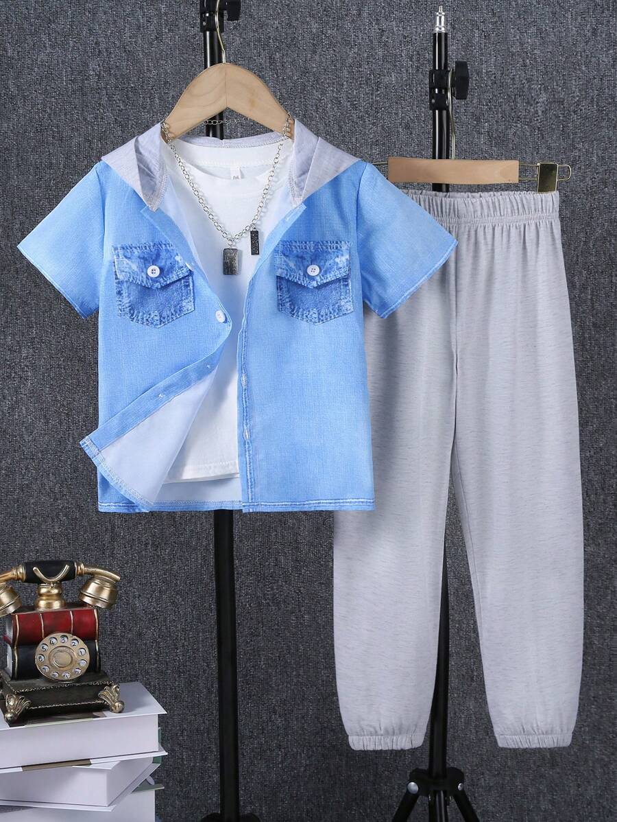 SHEIN Young Boy 2 Pcs Set Outfit Fashionable Short Sleeve Hooded Shirt And Comfortable Breathable Casual Pants Suitable For Vacation And Travel In Summer - Light Wash - View 1