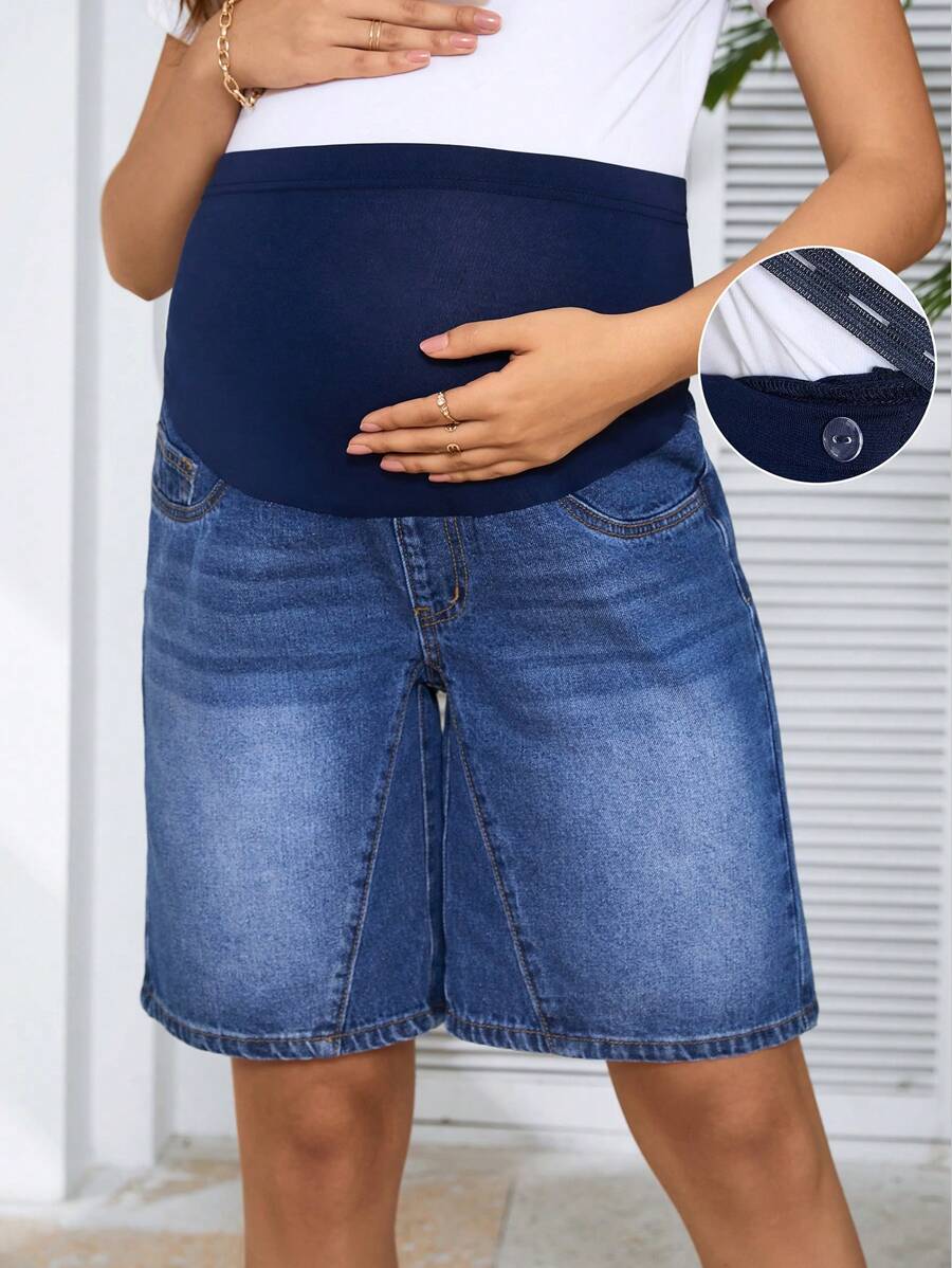 SHEIN Maternity Elastic Patchwork Denim Shorts For Daily Wear, Spring And Summer - Medium Wash - View 1
