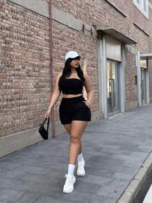 POPSWAY Conjunto de Top tomara que caia em Plus Size com babado e Shorts, Cor lisa - Preto - Visão 6