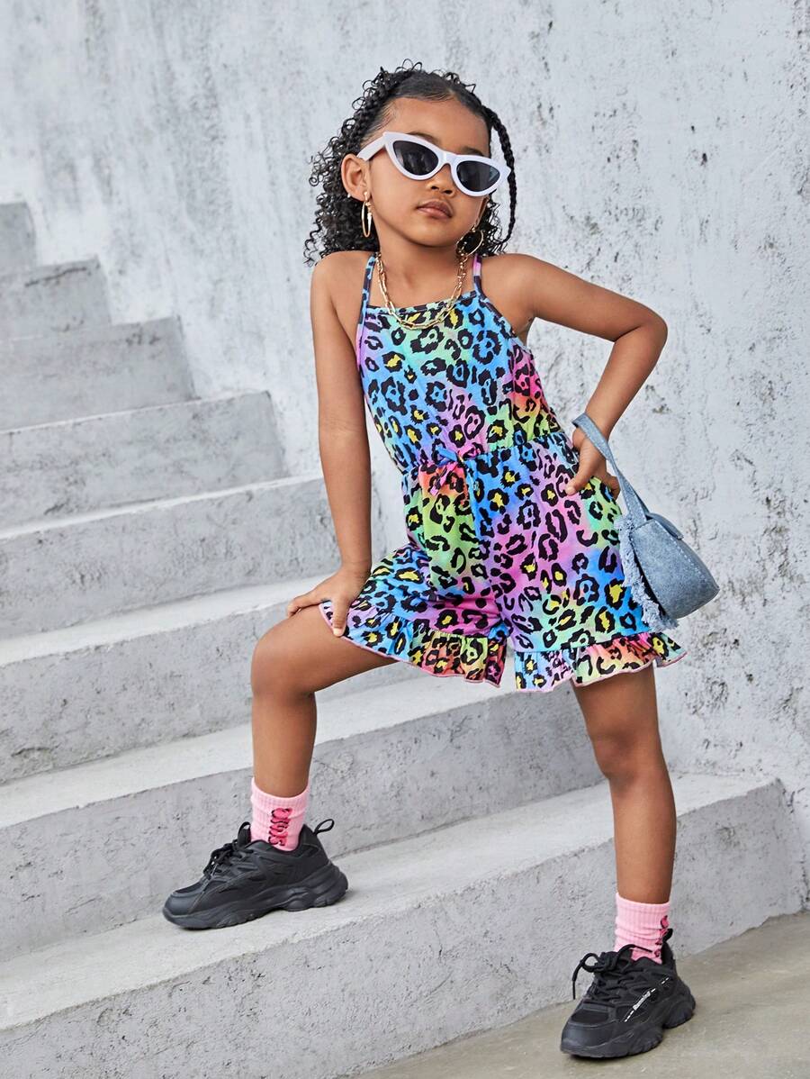 SHEIN Explorewe Young Girl Ombre Leopard Print Ruffle Hem Cami Romper - Multicolor - View 1