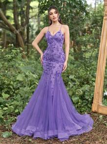 Faeriesty Luxe Floral Applique Backless Mermaid Hem Cami Dress
