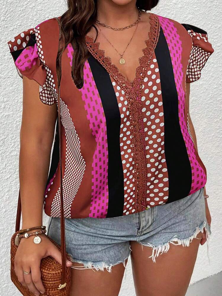 Plus Size Women Loose Fit V-Neck T-Shirt With Lace, Polka Dot, Stripe And Floral Patchwork For Summer