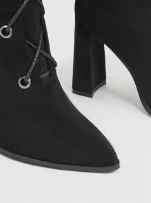 Ladies' Stylish & Comfortable Classic Black Front Lace Pointed-toe Chunky Heel Boots