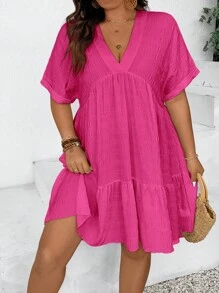 SHEIN Frenchy Plus Size Holiday Casual Solid Color Textured Batwing Sleeve Babydoll Dress