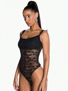 SHEIN BAE Body de encaje negro transparente de Victoria Secret para el verano, traje de baño de mujer para el concierto del país y 4 de julio - Negro - Ver 5