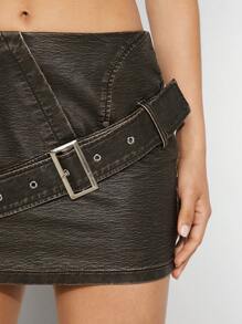 Hauture Cross Buckle PU Leather Bodycon Mini Skirt - Black - View 6
