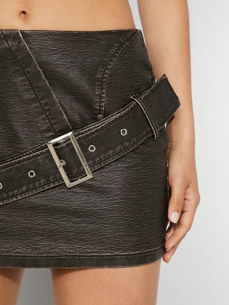 Cross Buckle PU Leather Bodycon Mini Skirt