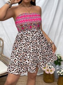 SHEIN VCAY Vestido de vacaciones con estampado de leopardo de talla grande con parche y sin tirantes - Multicolor - Ver 4