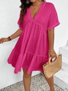 SHEIN Frenchy Plus Size Holiday Casual Solid Color Textured Batwing Sleeve Babydoll Dress