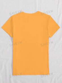 SHEIN 女士夏季纯色圆领短袖休闲 T 恤图案 T 恤女式上衣 - 黃色 - 查看 2