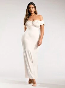 SHEIN BAE Plus Size Women's Solid Color Summer Sweet One-Shoulder Ruffle Long Dress