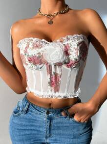 Zolique Ladies' Lace Patchwork Strapless Top With 3D Floral Embellishments - White - View 3