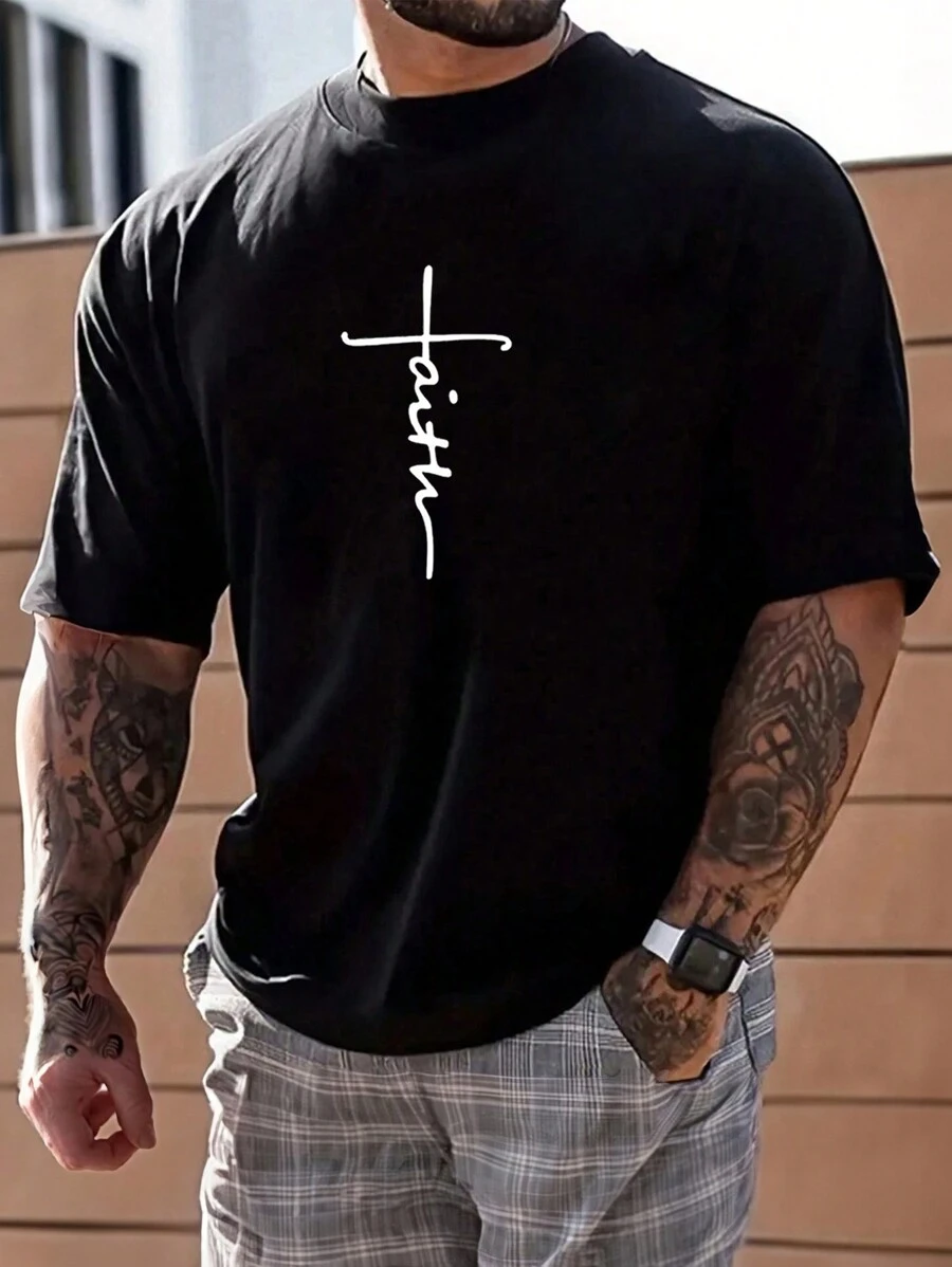 Camiseta de manga corta de cuello redondo con estampado de cruz manuscrita para hombre en verano - Negro - Ver 1