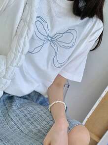 DAZY 女士夏季短袖圆领蝴蝶结刺绣宽松T恤，带蝴蝶结可爱上衣，图案T恤 - 白色 - 查看 6