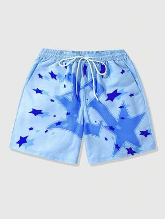 Prep Men Printed Stars Slogan Woven Shorts, Suitable For Daily Wear In Spring And Summer