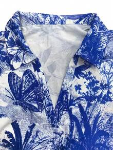 Plus Size Vacation Leisure Plant & Butterfly Printed Shirt Dress, For Summer - Multicolor - View 6