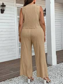 SHEIN LUNE Plus Size Women's Plain Simple Sleeveless Top And Pants Two-Piece Set - Khaki - View 2