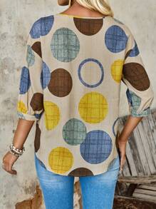 EMERY ROSE Women Geometric Print Loose Dolman Sleeve Round Neck Casual Blouse For Daily Wear