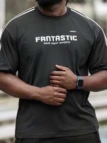 Gym Rark Plus Size Men Summer Casual Striped "Fantastic" Letter Printed Round Neck Short Sleeve T-Shirt - Black - View 4