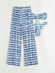 SHEIN Swim 3pcs Tie Dye Printed Separated Bikini Set, Random Design, Wirefree,Summer Beach - Blue and White - View 6