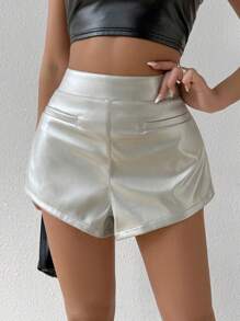 Zolique Ladies Summer Fashion Metal Zipper Back PU Leather Shorts - Silver - View 4