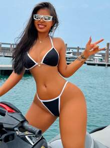 Swim SXY Bộ bikini cổ yếm viền màu dành cho nữ có mút đệm có thể tháo rời, dáng mùa hè - Đen và trắng - Xem 2