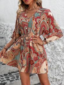 SHEIN LUNE Vestido recto holgado de manga murciélago con cuello en V y estampado de plantas para mujer en vacaciones de verano