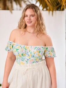 Forever 21 Plus Size Floral Print Off Shoulder Tight Summer Holiday Casual T-Shirt - Beige - View 7