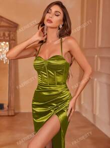 Faeriesty Ruched Bust Backless Lace Up Split Thigh Satin Cami Dressd