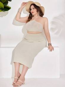 SHEIN Clasi Plus Size Women Hollow Out Cropped Halter Tank Top And Knitted Skirt Set For Vacation - Apricot - View 5
