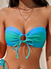SHEIN Swim 女款時尚漸層夏季海灘抹胸比基尼上衣 - 藍色 - 查看 3