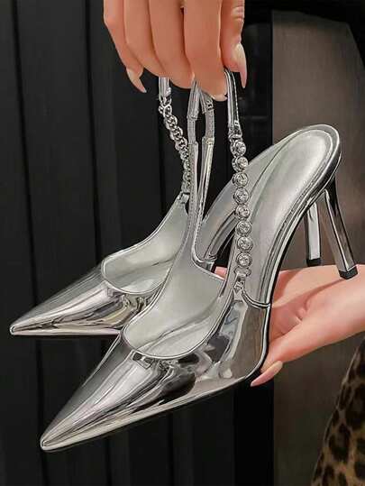 Fall/Winter Silver Rhinestone Decor Pointed Toe Ankle Strap Sexy High Heel Sandals, Elegant French Style Stilettos For Spring/Summer, Run Small By Half Size,Elegant,Party