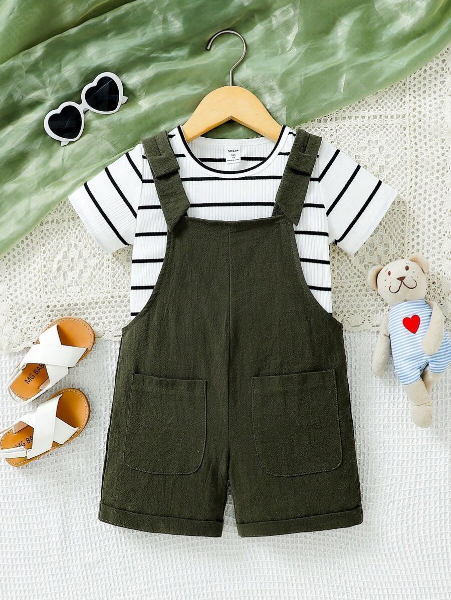 SHEIN Young Girl Summer New Casual Round Neck Stripe Short Sleeve Top With Strap Shorts 2pcs/Set - Multicolor - View 1