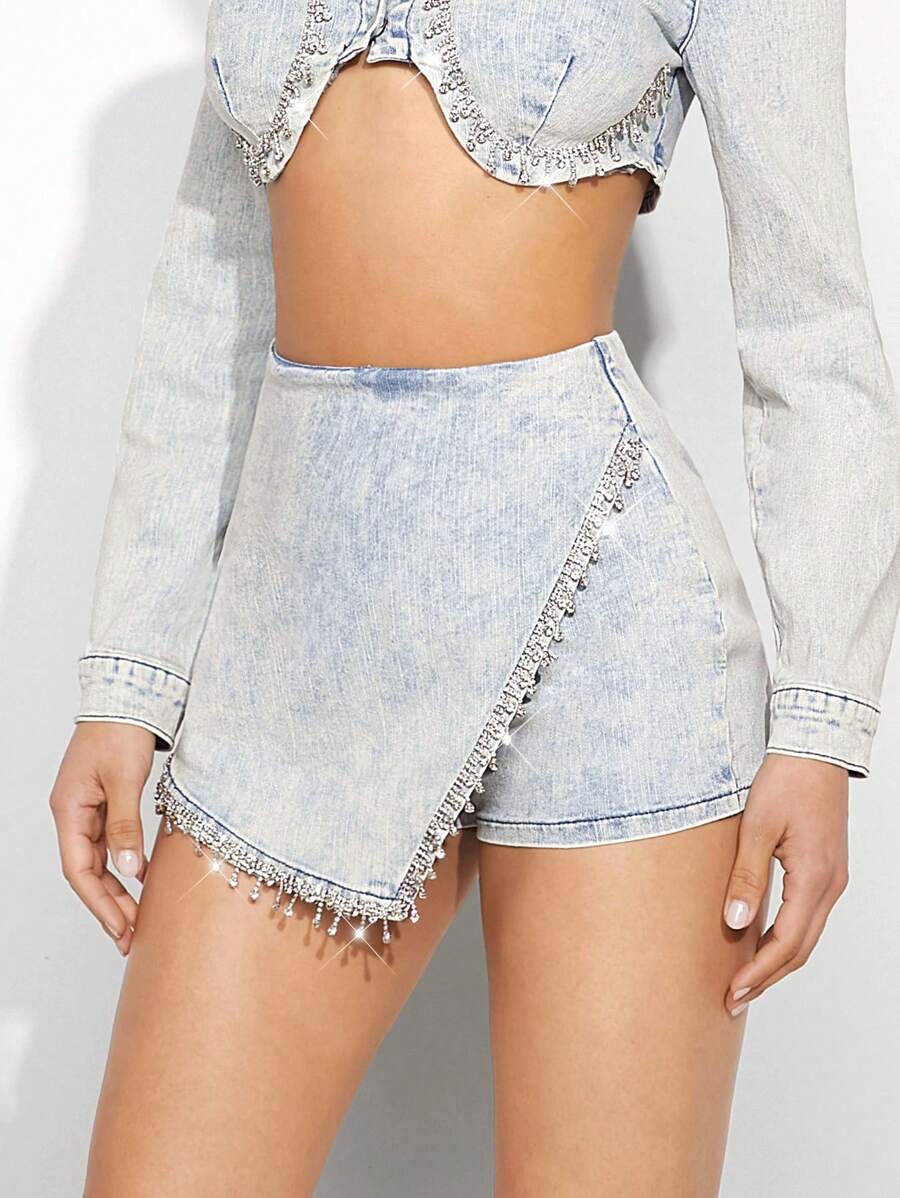 Denimoi Rhinestone Fringe Wrap Denim Skort - Light Wash - View 1