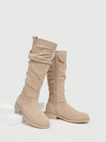 Giày Nữ Thời Trang Chun Gót Mũi Tròn Slouchy Đầu Gối Màu Be Giày Cao Cổ Giày Đi Nghỉ Giảm Giá Mùa Hè - Màu be - Xem 5